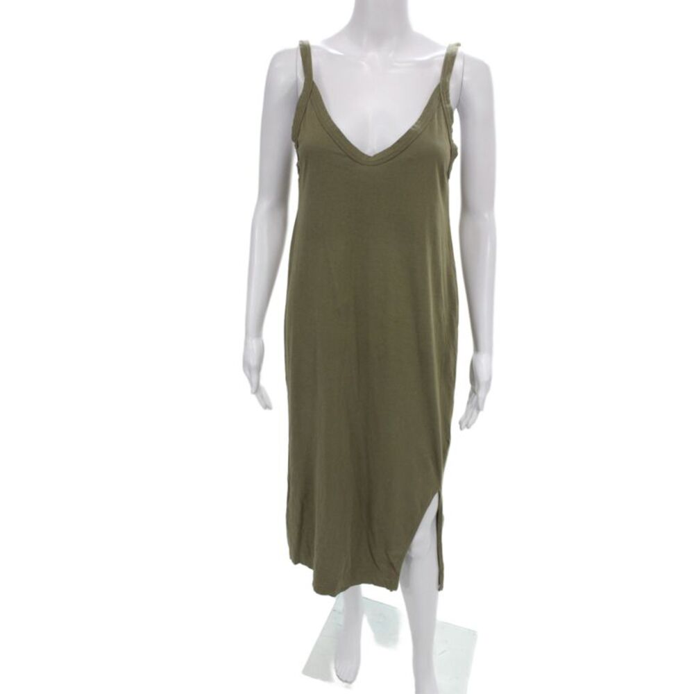 Bassike Women Green V-Neck Slip Dress Cotton Knee Length Size XS